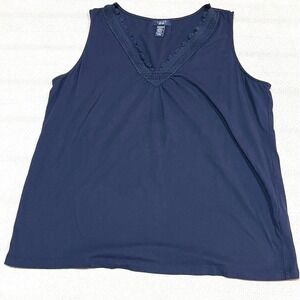 Chaps Women's Navy Blue Cotton Lace Front V-neck Gathered Tank Top Size 2XL
